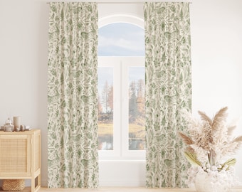 Woodland Rabbit Curtain: Green Botanical Forest Window Panel