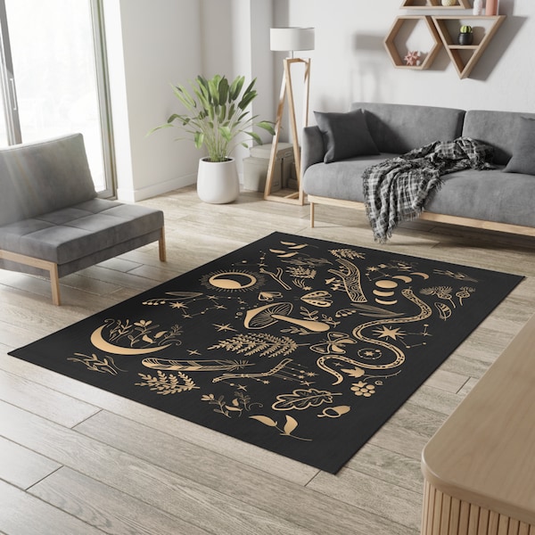 Gothic Area Rug: Magic Forest, Fern, Mushroom, Moon Phases