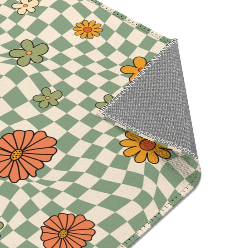 Sage Green Checkered Rug Retro Daisy Flowers Checkerboard Etsy Hong Kong