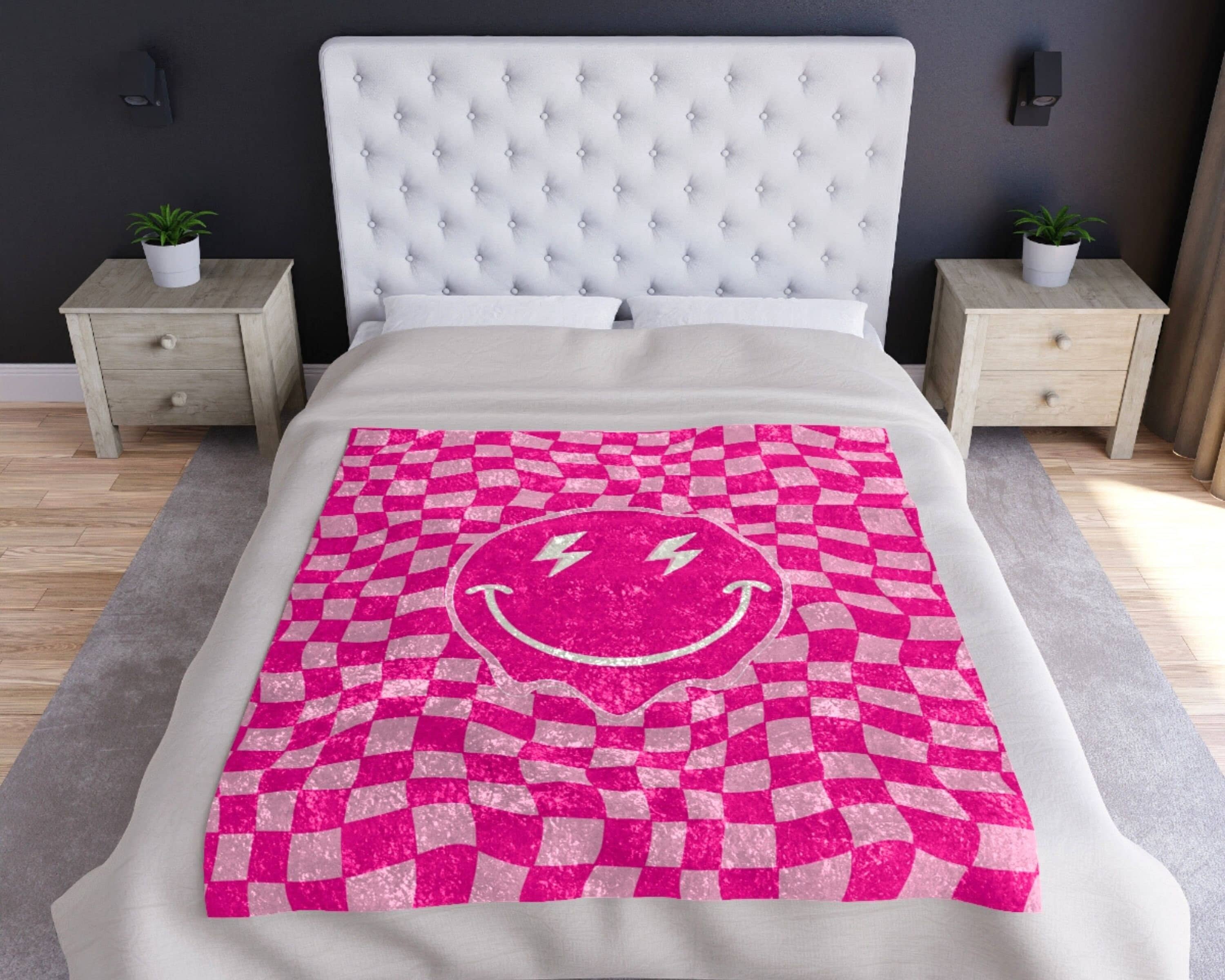 Pink Checkered Throw Blanket Smile Happy Face Blanket Pink Etsy