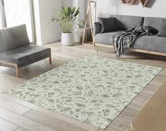 Rabbit Botanical Area Rug: Green Cottagecore Decor
