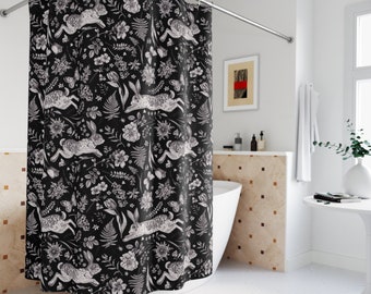 Rabbit Toile Shower Curtain: Dark Cottagecore Bathroom Decor