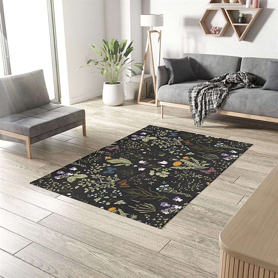 Wildflowers Area Rug, Dark Cottagecore Rug, Woodland Forest Moss Rug