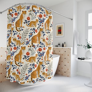 Floral Cheetah Shower Curtain: Tropical Botanical Bathroom Decor