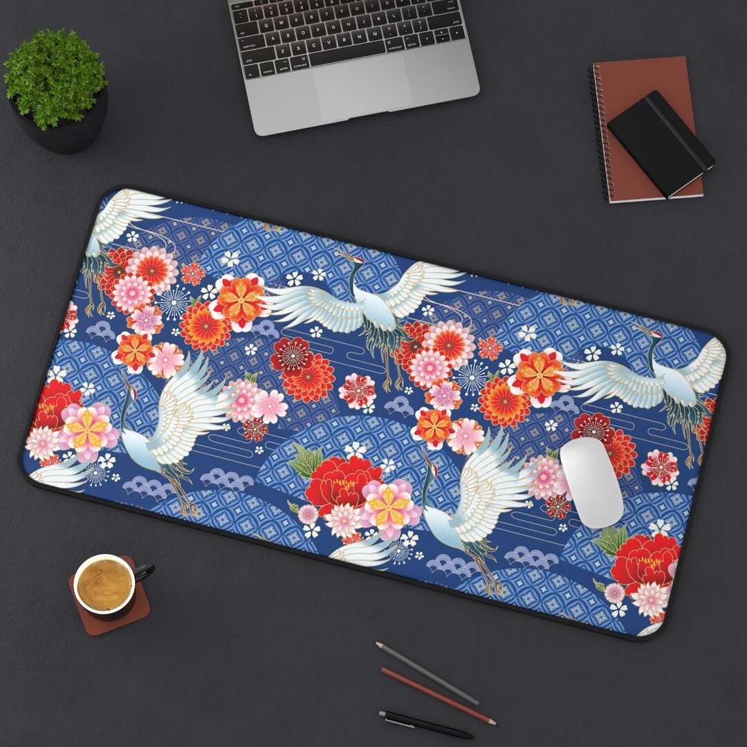 Japanese Desk Mat Blue Crane Bird Mousepad XL Desk Etsy