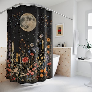 Moon Wildflower Shower Curtain: Gothic Botanical Bathroom Decor