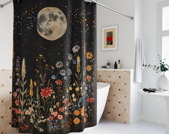 Moon Wildflower Shower Curtain: Gothic Botanical Bathroom Decor