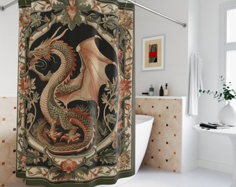 Green Medieval Dragon Shower Curtain: Botanical Goth Bathroom Decor