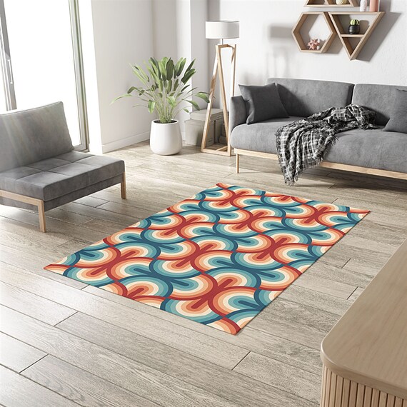 Blue Geometric 70s Style Rug: Mid Century Modern Indoor/Outdoor Decor
