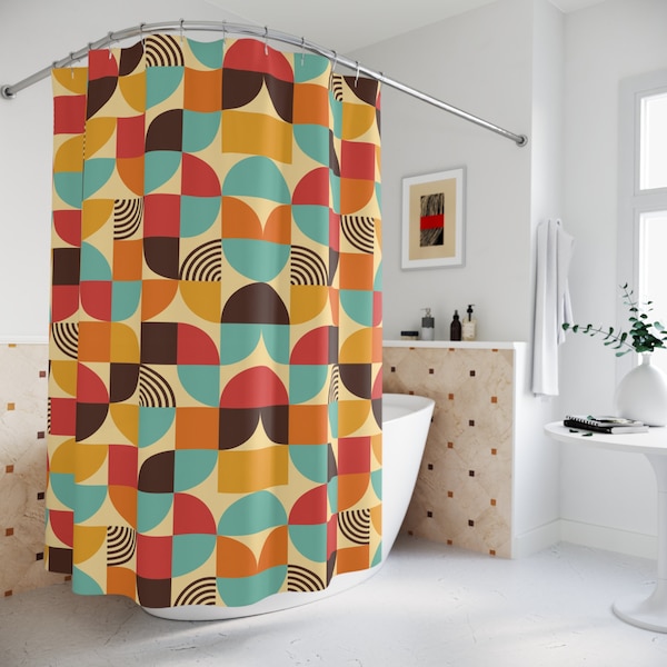 Mid Century Modern Shower Curtain, Abstract Retro Shower Curtain, Colorful Geometric bathroom decor, Vintage 70s 50s MCM bathroom, Groovy