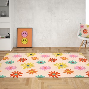 Alfombra retro con flores: decoración moderna de los años 70 para dormitorios