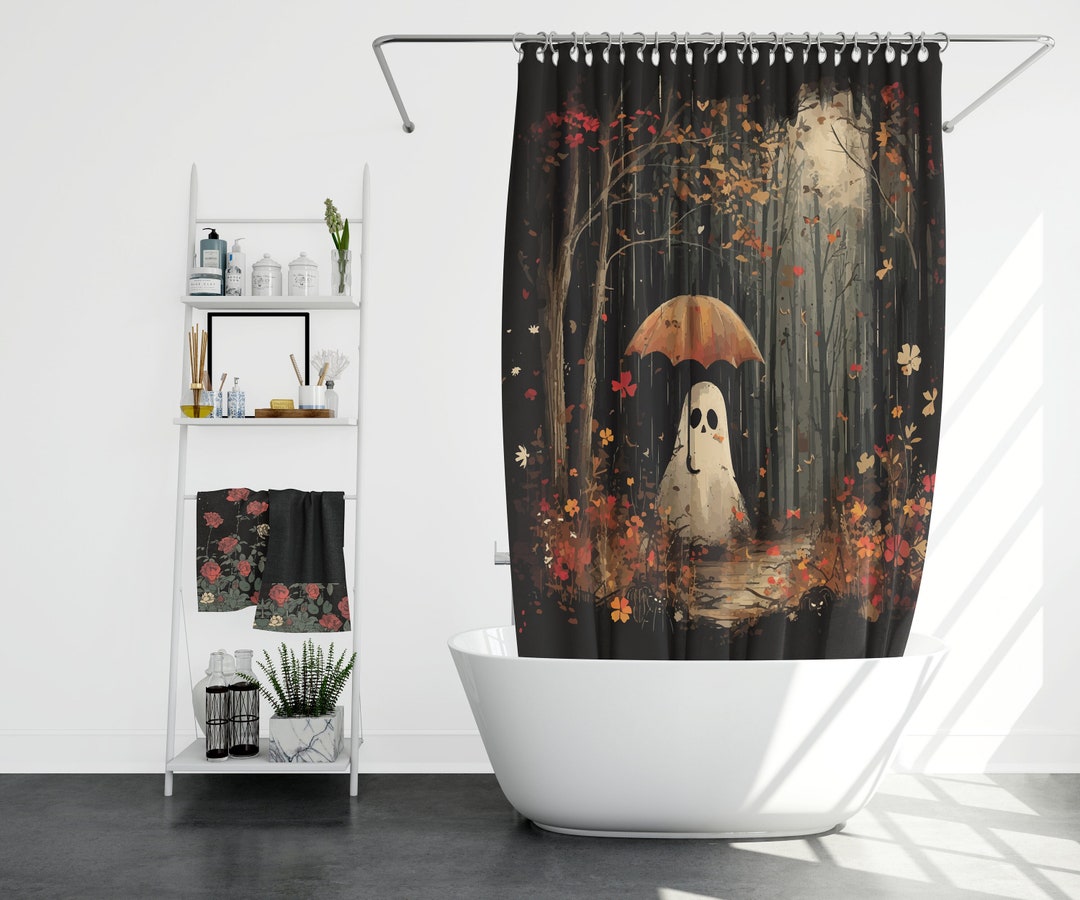 Funny Ghost Shower Curtain Spooky Pink Floral Cute Ghost Takes A Bath ...
