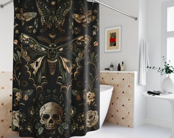 Death Head Moth Shower Curtain, Gothic Botanical Bathroom Decor