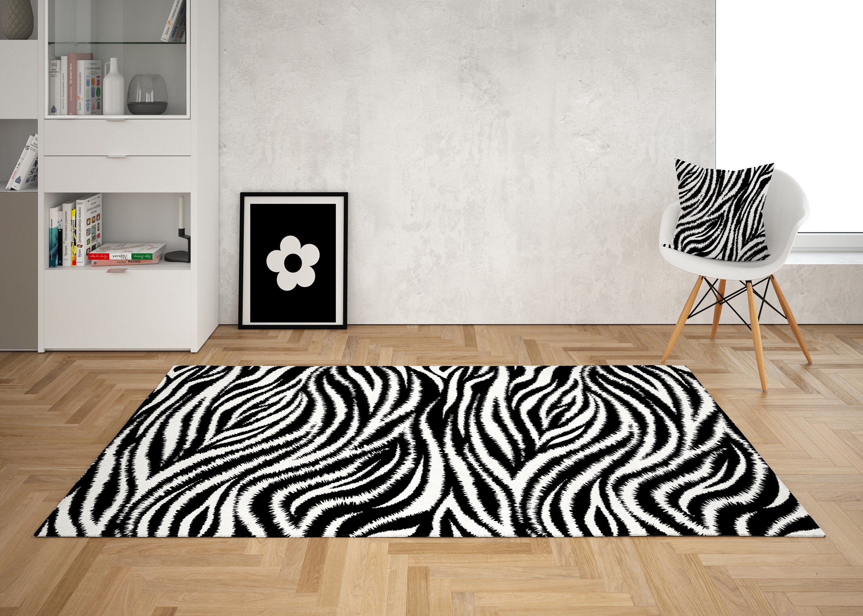 Cheap budget black-white/Ivory zebra print modern small medium mat rug 70x140cm 
