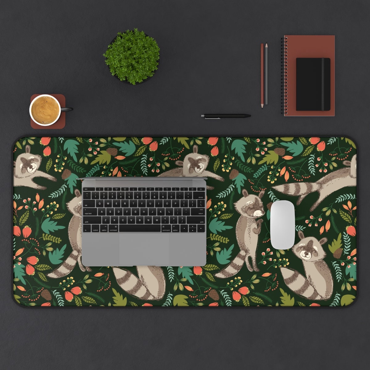 Raccoon Desk Mat: Forest Green Cottagecore Mousepad - Etsy