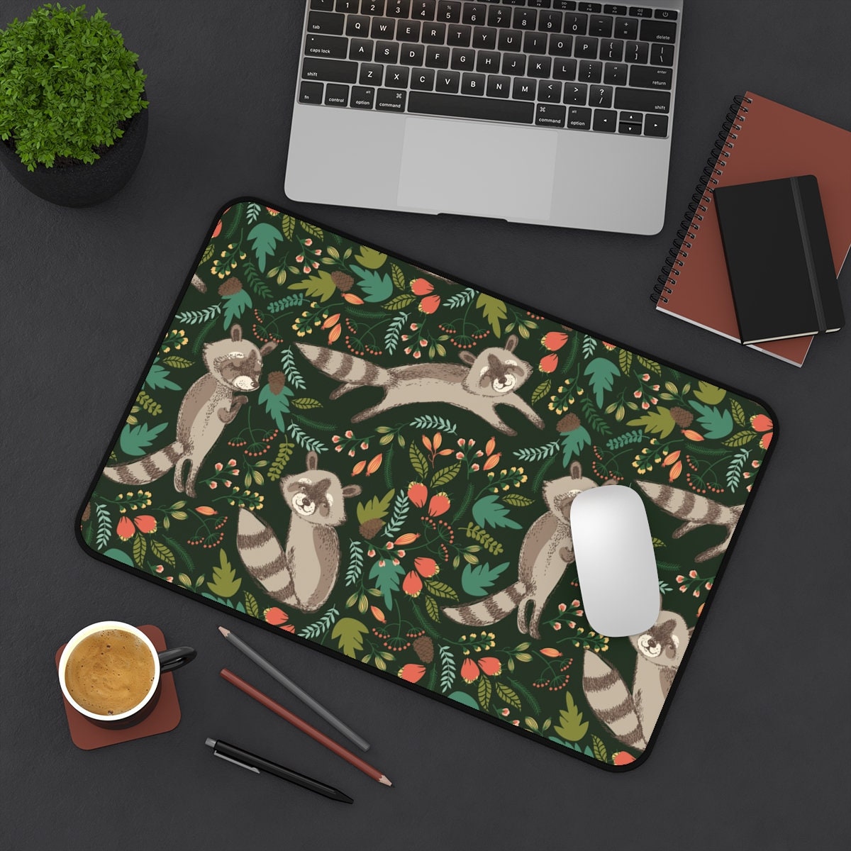 Raccoon Desk Mat: Forest Green Cottagecore Mousepad - Etsy