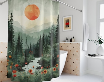 Mountain Shower Curtain: Boho Floral Botanical Bath Decor