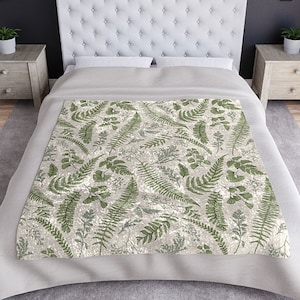 Fern leaves throw blanket, botanical plant blanket, Green Leaves Floral cottagecore aesthetic decor, Nature lover gift minimalist room decor