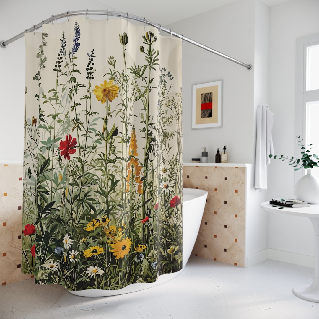 Wildflowers Botanical Shower Curtain, Boho Floral Shower Curtain ...