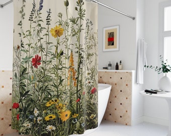 Wildflowers Botanical Shower Curtain, Boho Floral shower curtain, Vintage Whimsical Cottagecore decor, Housewarming gift, Nature lover gift