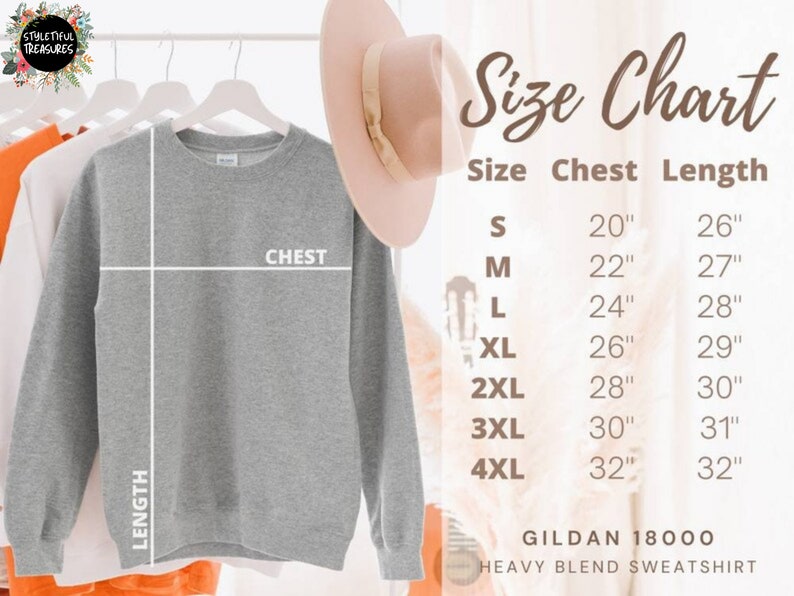 May include: Size chart for a Gildan 18000 heavy blend sweatshirt. The chart shows chest and length measurements in inches for sizes S to 4XL.