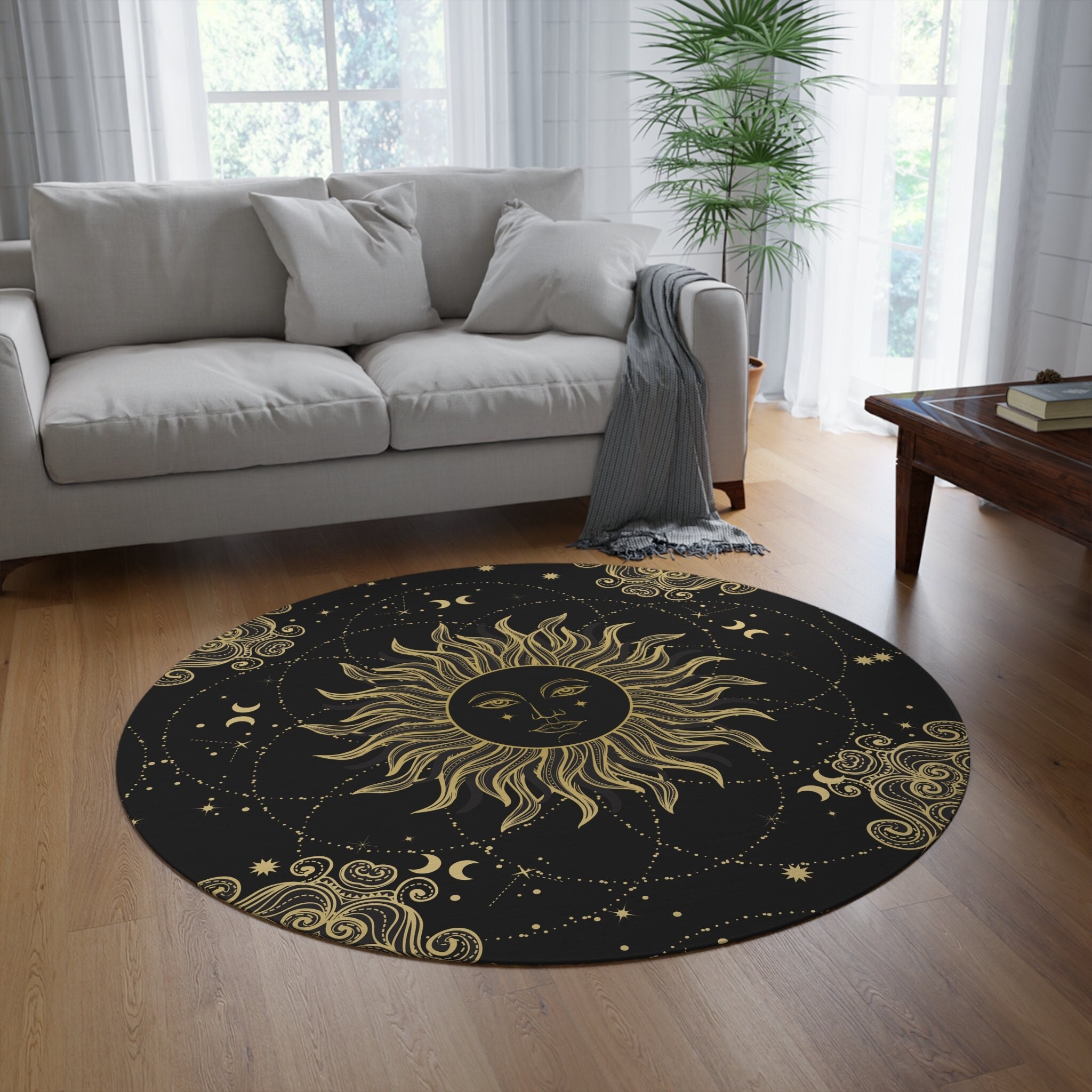 Astrological Rug Mystical Sun Round Rug: Boho Astrology Zodiac Decor (60