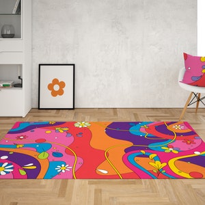 Psychedelic Flower rug, Floral Retro Groovy 70s Rug, Wavy Trippy Rug, Area Rug for bedroom aesthetic, Retro rugs living room, Y2k décor Dorm