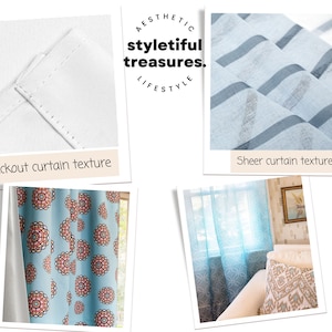 K&ouml;nnte beinhalten: Nahaufnahme von vier verschiedenen Gardinenstrukturen: Verdunkelung, transparent, gemustert und transparent mit Blumenmuster. Das Bild enth&auml;lt den Text "Aesthetic styletiful treasures. Lifestyle".