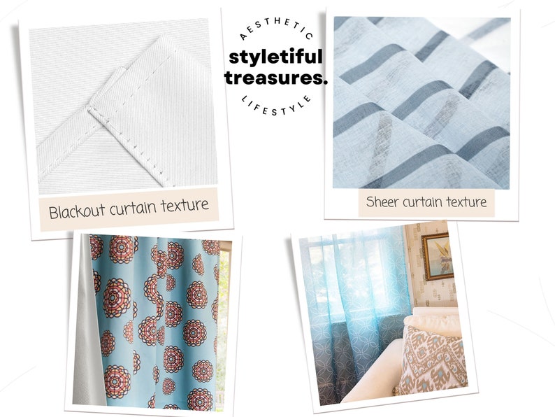 K&ouml;nnte beinhalten: Nahaufnahme von vier verschiedenen Gardinenstrukturen: Verdunkelung, transparent, gemustert und transparent mit Blumenmuster. Das Bild enth&auml;lt den Text "Aesthetic styletiful treasures. Lifestyle".