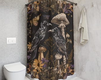 Raven Gothic Shower Curtain: Floral Mushroom Whimsigoth Decor