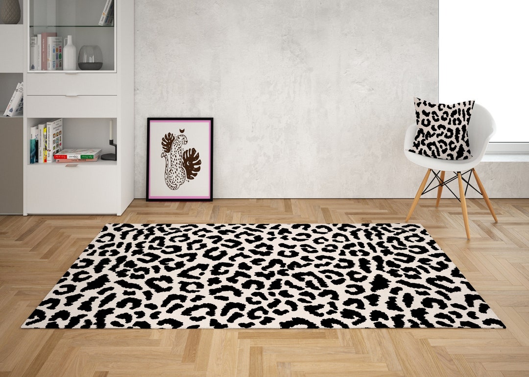 Black & off White Leopard Print Rug, Preppy Room Decor, Preppy Cheetah