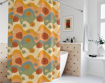 Daisy Floral Shower Curtain: Retro 70s Boho Bathroom Decor