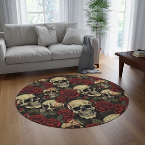 Skull & Roses Round Rug: Gothic Floral Accent Mat