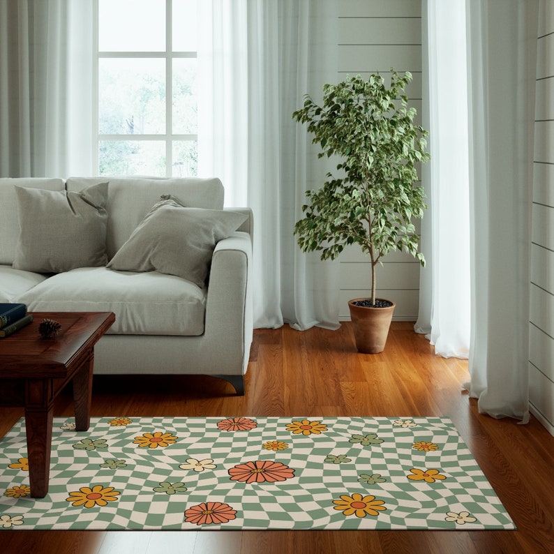 Sage Green Checkered Rug Retro Daisy Flowers Checkerboard Etsy Hong Kong