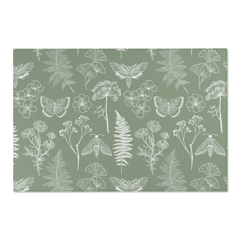 Sage Green Floral Area Rug Fern Leaves Moth Flower Floral Etsy