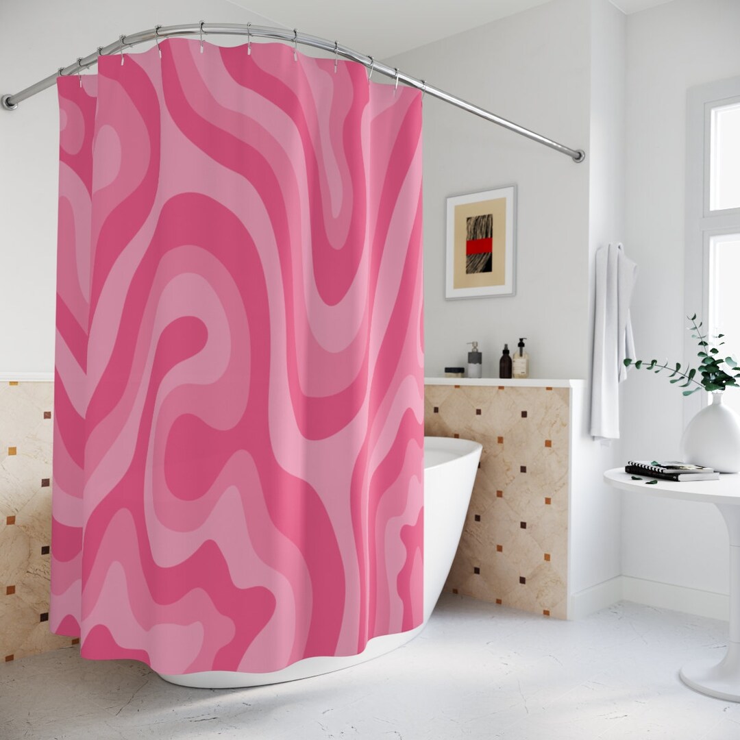 Pink Retro Shower Curtain, 70s Wavy Groovy Shower Curtain, Pink Preppy