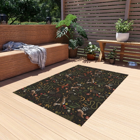 Fairy Forest Rug: Dark Cottagecore Woodland Animals Botanical Rug