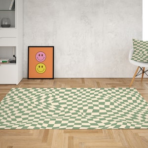Green Checkered Rug, Green Pastel rugs for bedroom, Aesthetic retro rugs for living room, Danish pastel room décor for teens girl dorm room