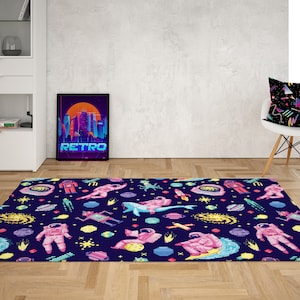 80S Arcade Carpet, Pixel Art Space Arcade Area Rug, Boys Game Room, Arcade Room Decor, Retro Game Room Rug, Gamer Rug Men Gamer Gift for Him