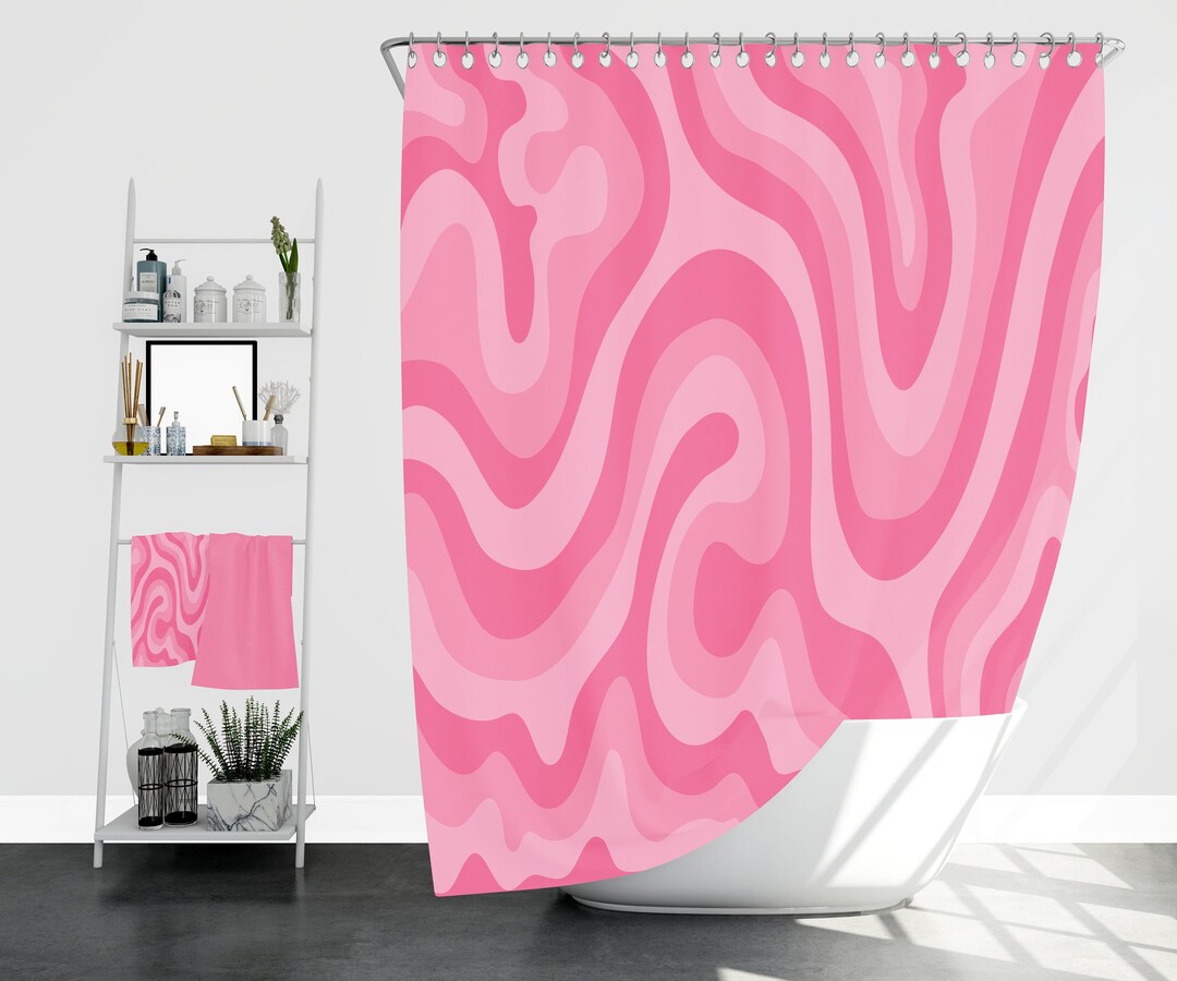 Pink Retro Shower Curtain 70s Wavy Groovy Shower Curtain Etsy