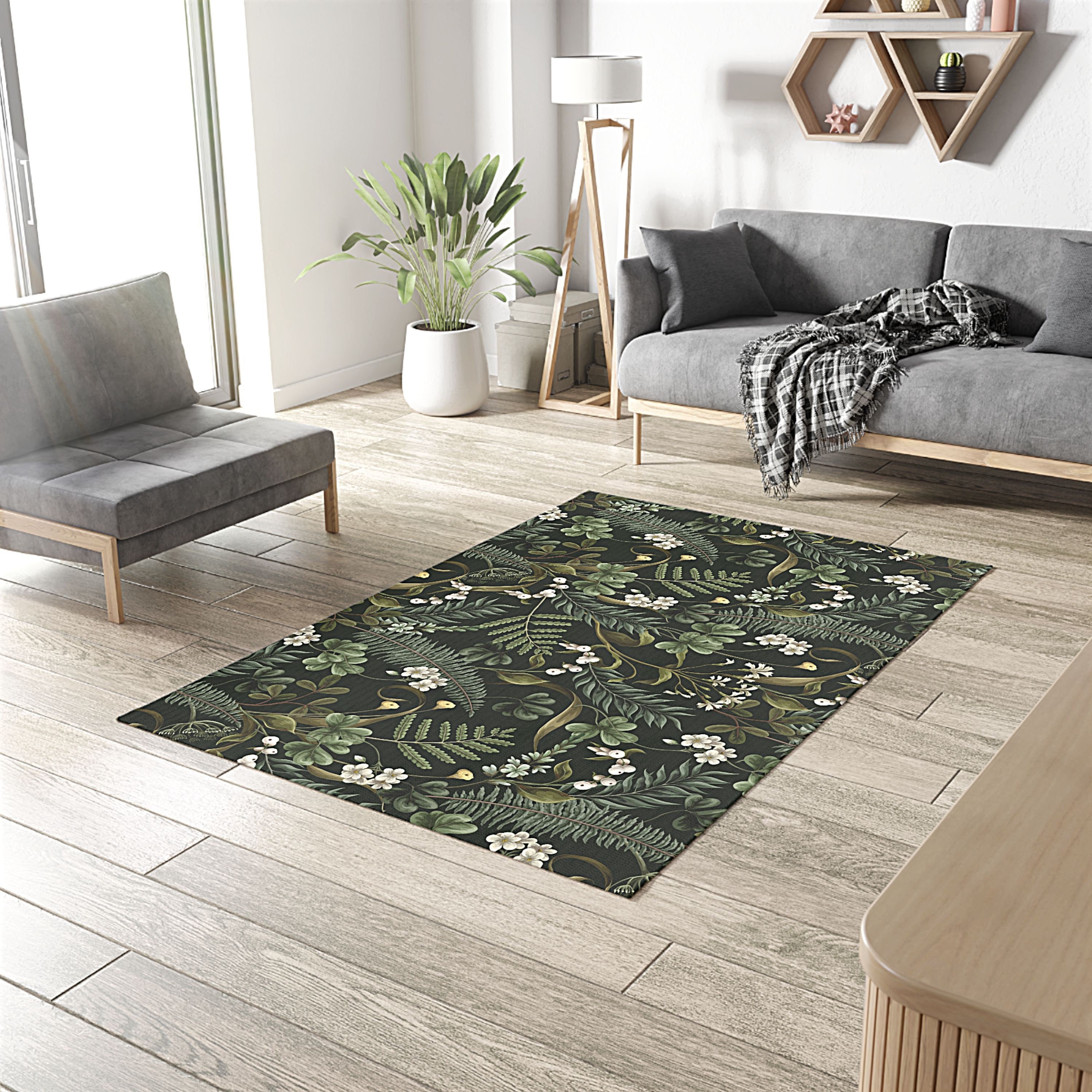 Botanical Fern Area Rug: Forest Green Cottagecore Indoor/outdoor