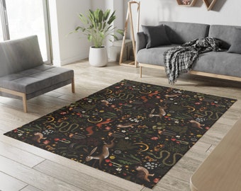 Fairy Forest Rug: Dark Cottagecore Woodland Animals Botanical Rug