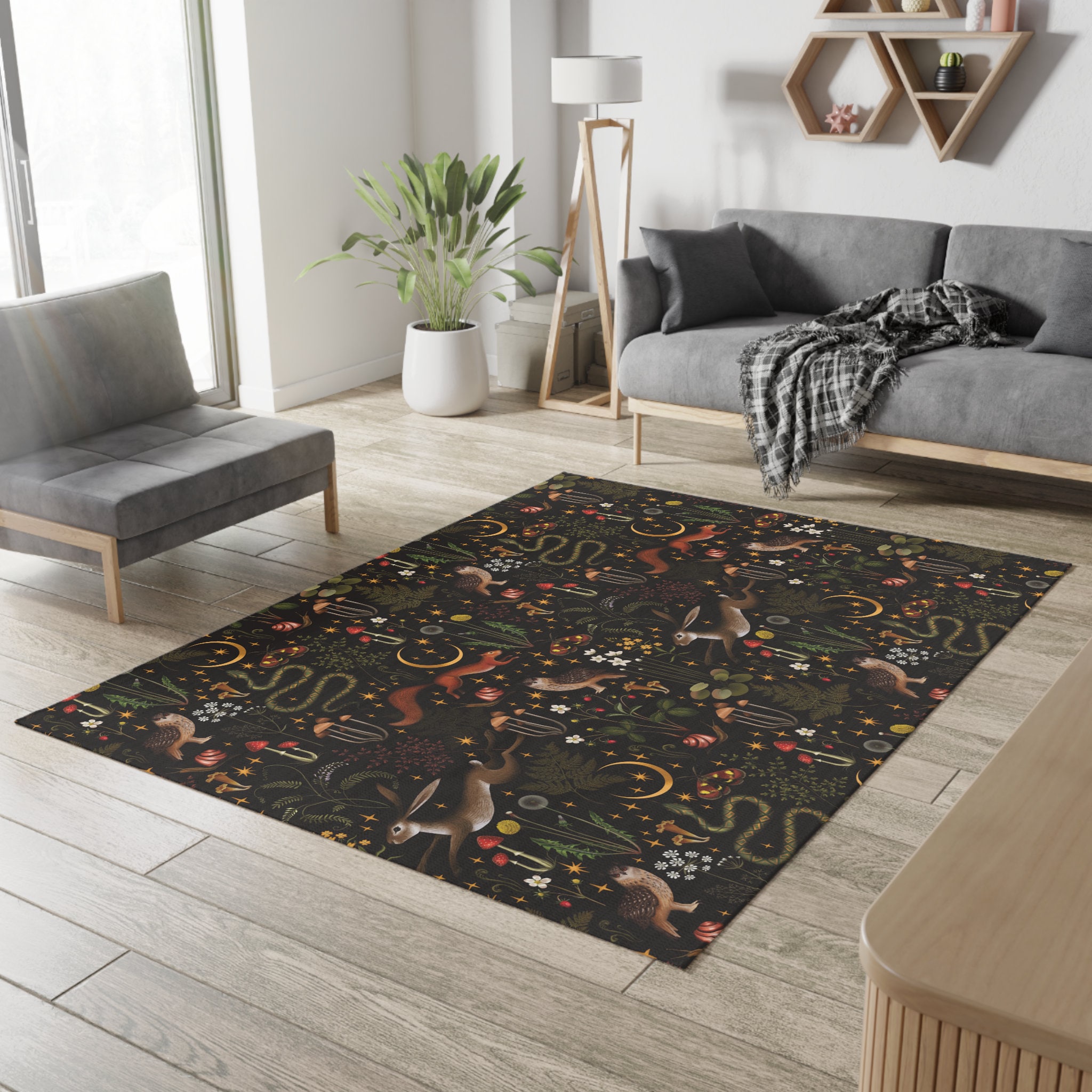 forest heroes柄の敷物 Fairy Forest Rug: Dark Cottagecore Woodland Animals Botanical Rug