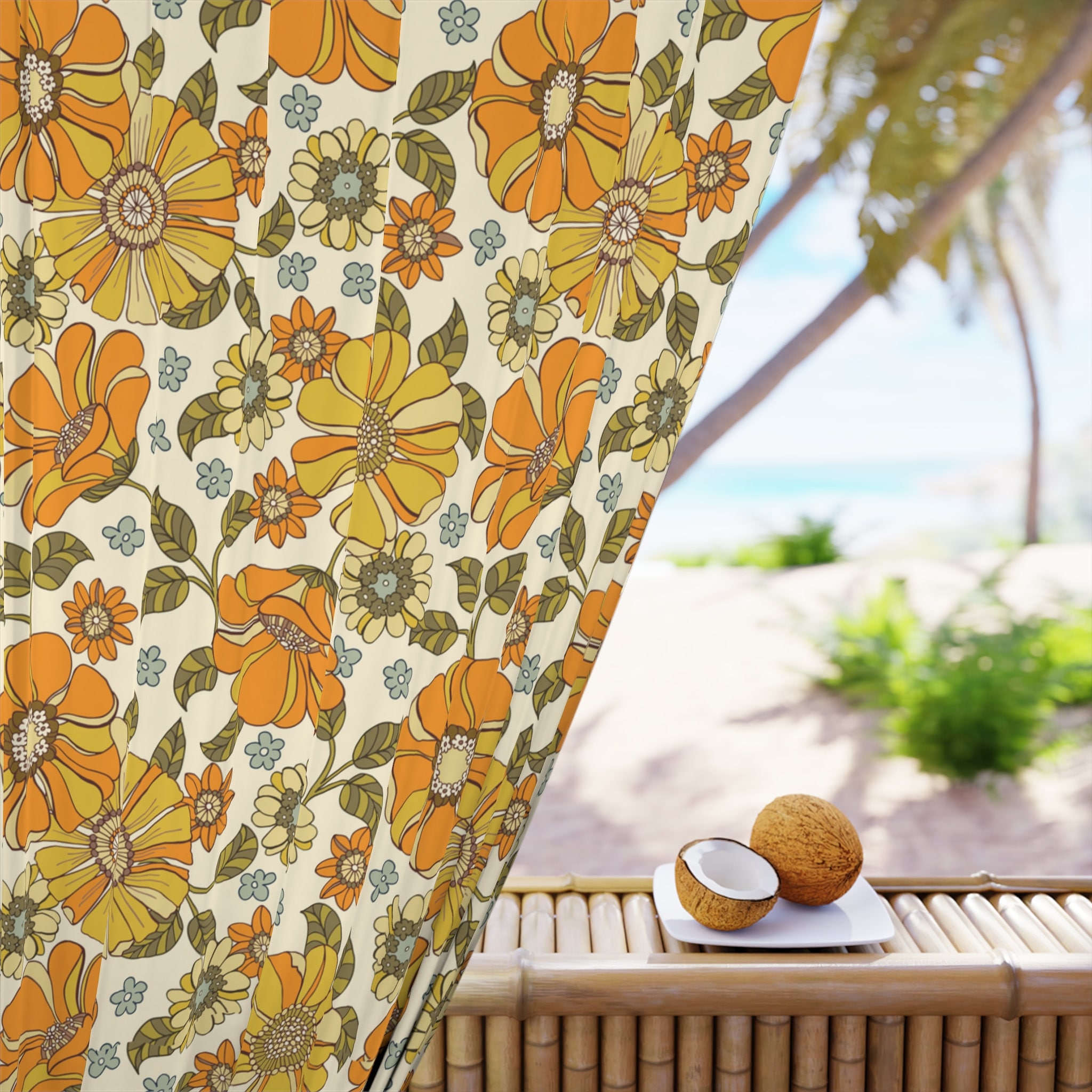 Retro Orange Floral Curtain: 70s Groovy Decor, Sheer or Blackout