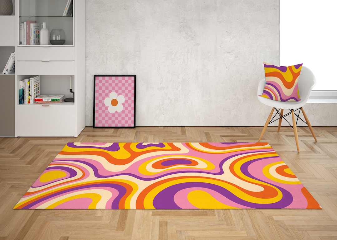 Pink Retro Swirl Rug, Psychedelic Groovy 70s Rug, Wavy Trippy Rug, Area