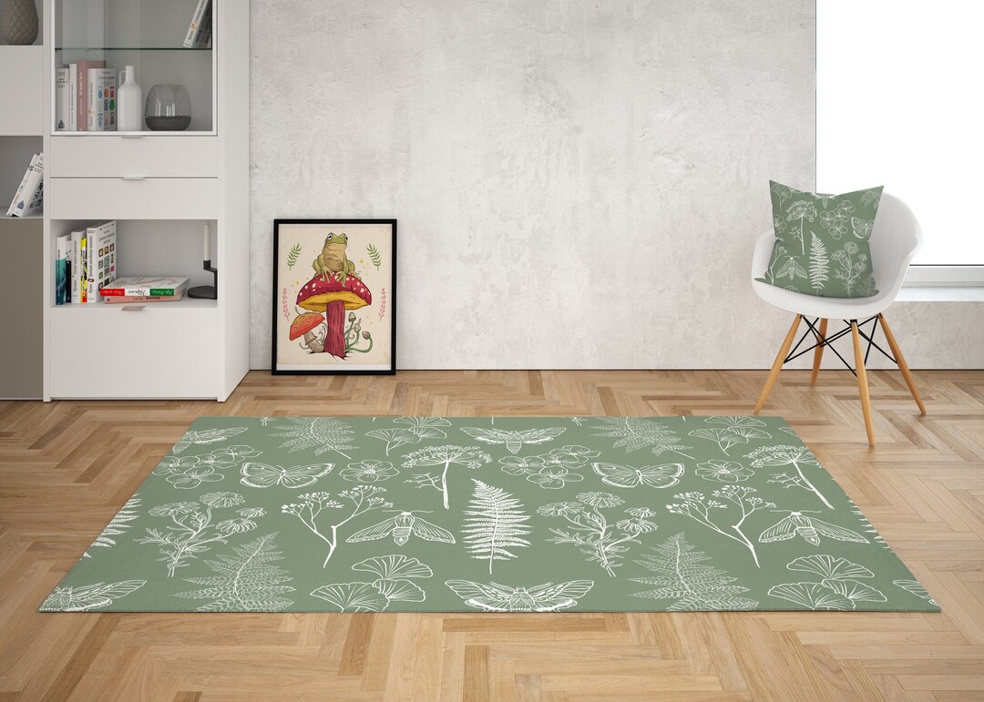 Sage Green Floral Area Rug, Fern Leaves Moth Flower, Floral Botanical
