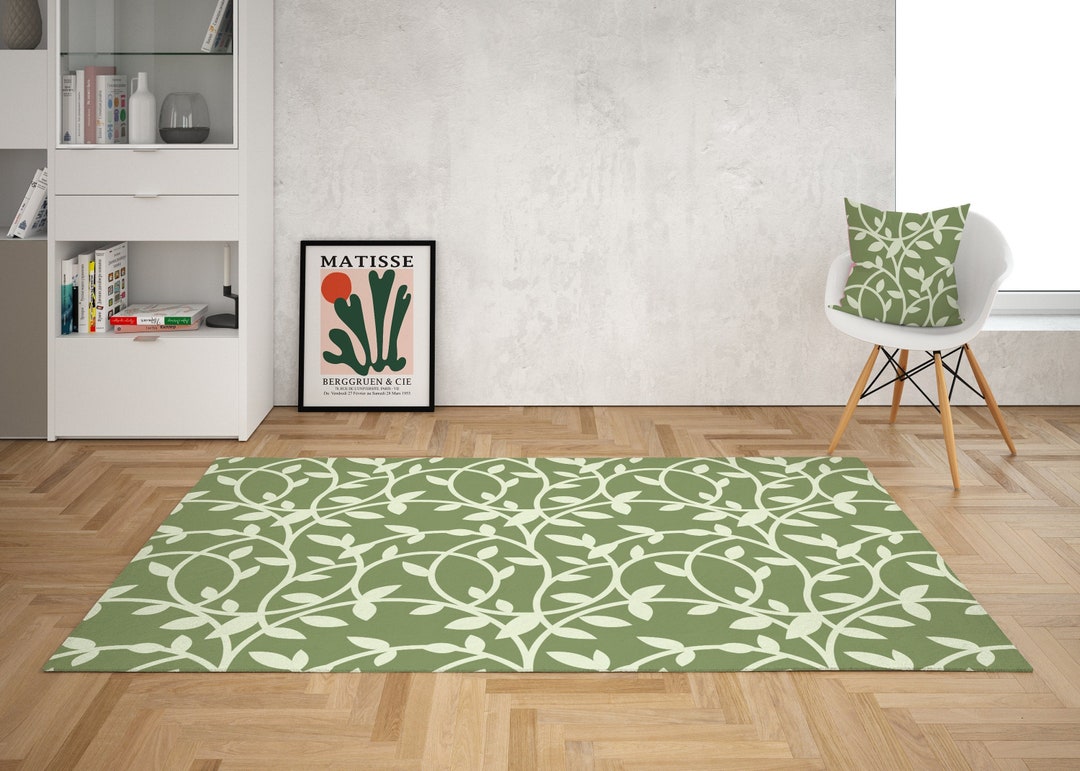 Sage Green Vine Rug, Cottagecore Rug, Botanical Leaf Rug, Area Rug for