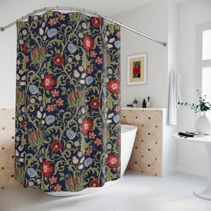 Dark blue Art deco Shower Curtain, Vintage Bathroom Decor, Botanical Moody bathroom, Art Nouveau Floral shower Curtain, Maximalist decor