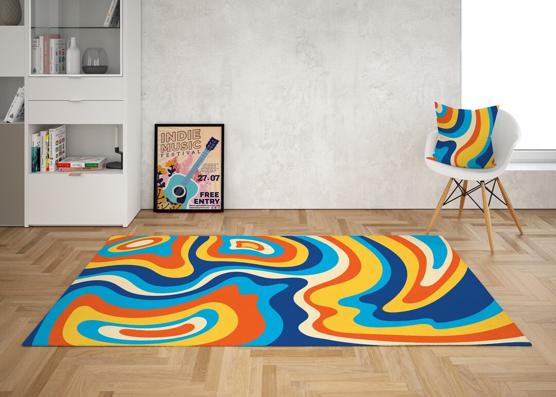 Retro 70s Area Rug: Blue Yellow Wavy Psychedelic Chenille Rug - Etsy