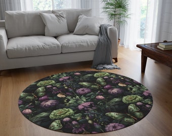 Luna Moth Round Rug: Gothic Floral Chenille Rug (60"x60")